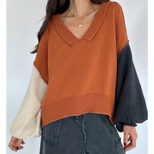 Pol Colorblock Boho V-Neck Knit Sweater Slouchy Pullover Rust Orange Size Small